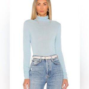 NWT For Love & Lemons Blue Sadie Turtleneck Ruched Sleeve Mesh Top
